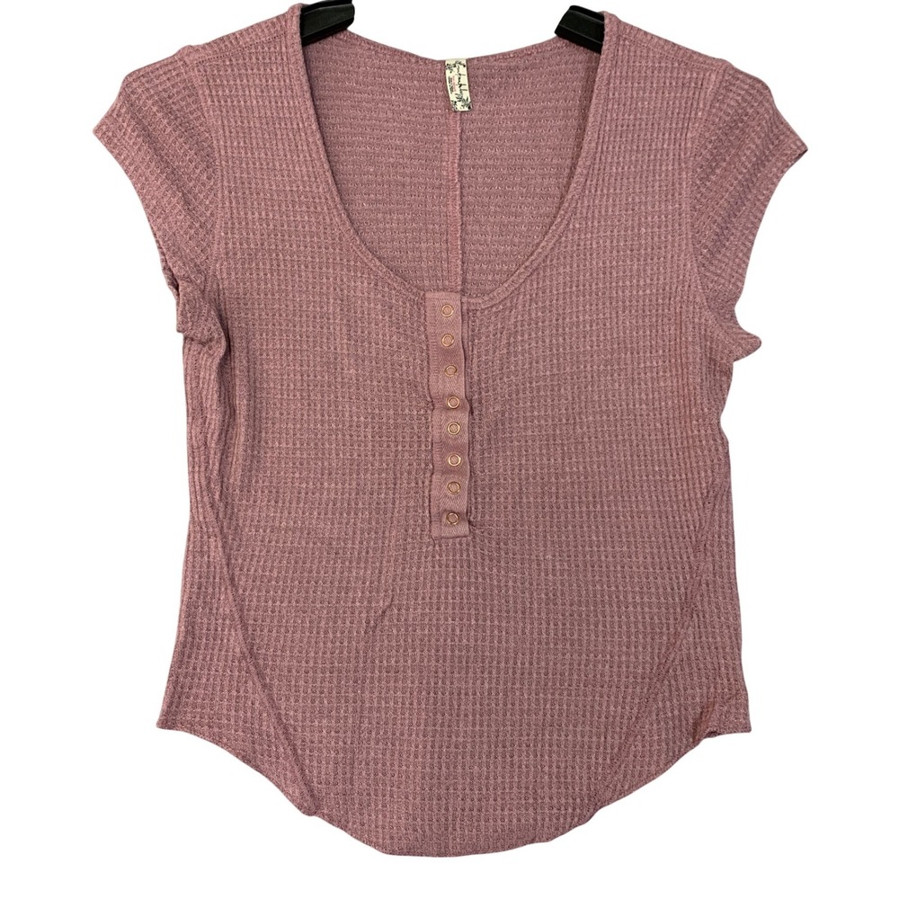 Free People Women's S Waffle Henley Crop Top Mauve Pink Waffle Knit